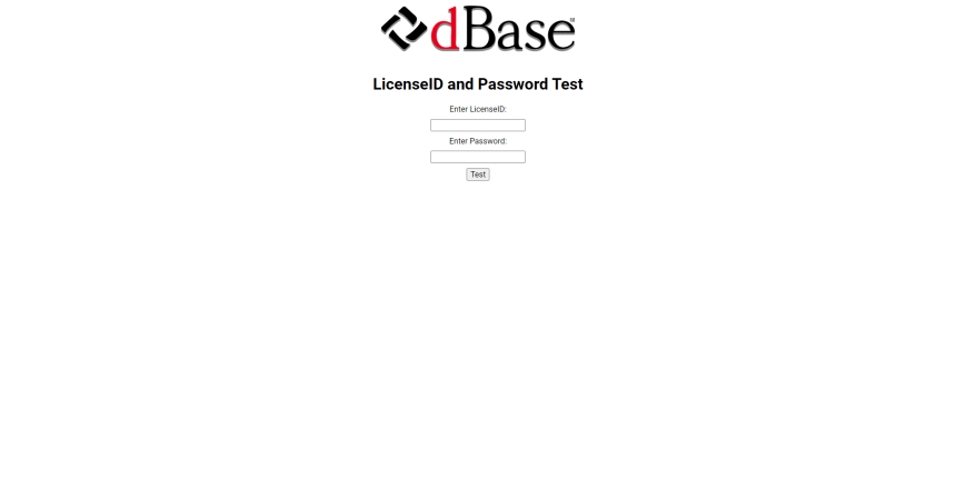 dBASE LicenseID and Password Test Page